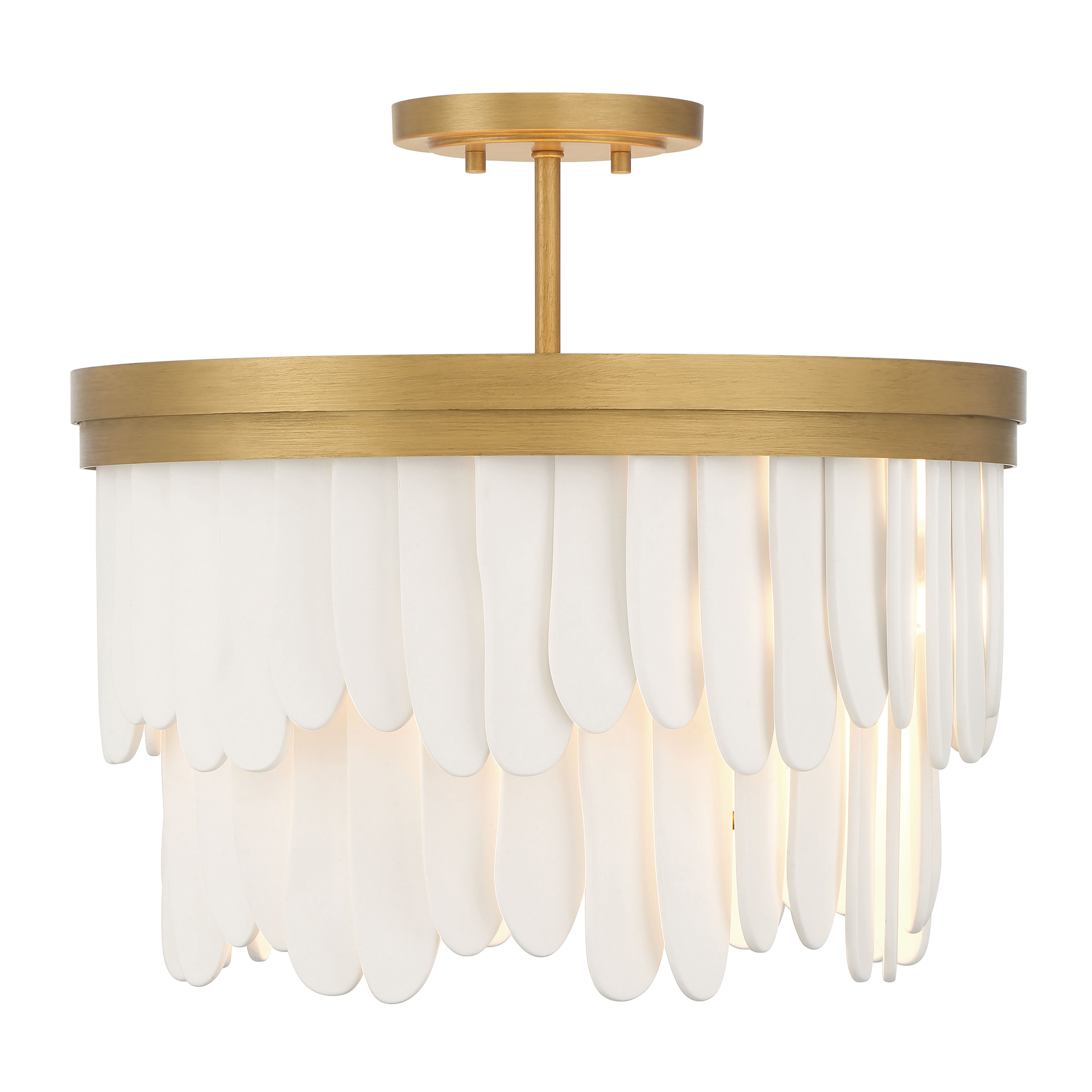 The Briscade combines contemporary styling with classic materials, featuring six candelabra bulbs behind white ceramic panels. The painted legacy brass finish adds warmth while the 18-inch diameter suits medium-sized spaces perfectly. - alternate view