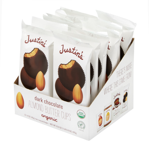 JUSTIN'S (r) Dark Chocolate Almond Butter Cup Stand Up Caddy . C1RP - Front Right Pallet/Display (Hi Res)