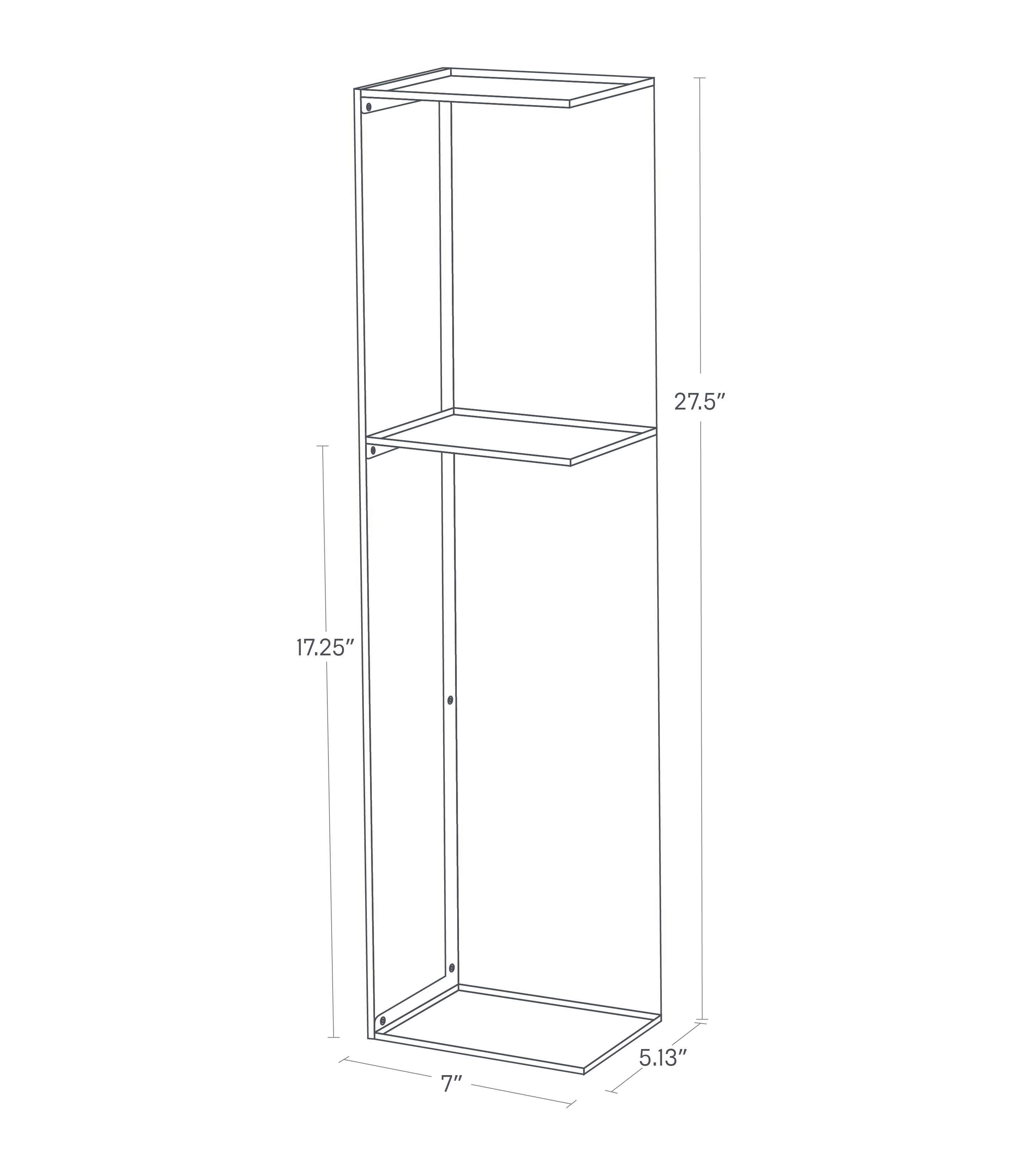 Dimension image for Bathroom Organizer on a white background showing length of 7", width of 5.13", height of 27.5". A shelf is placed at 17.25" height.