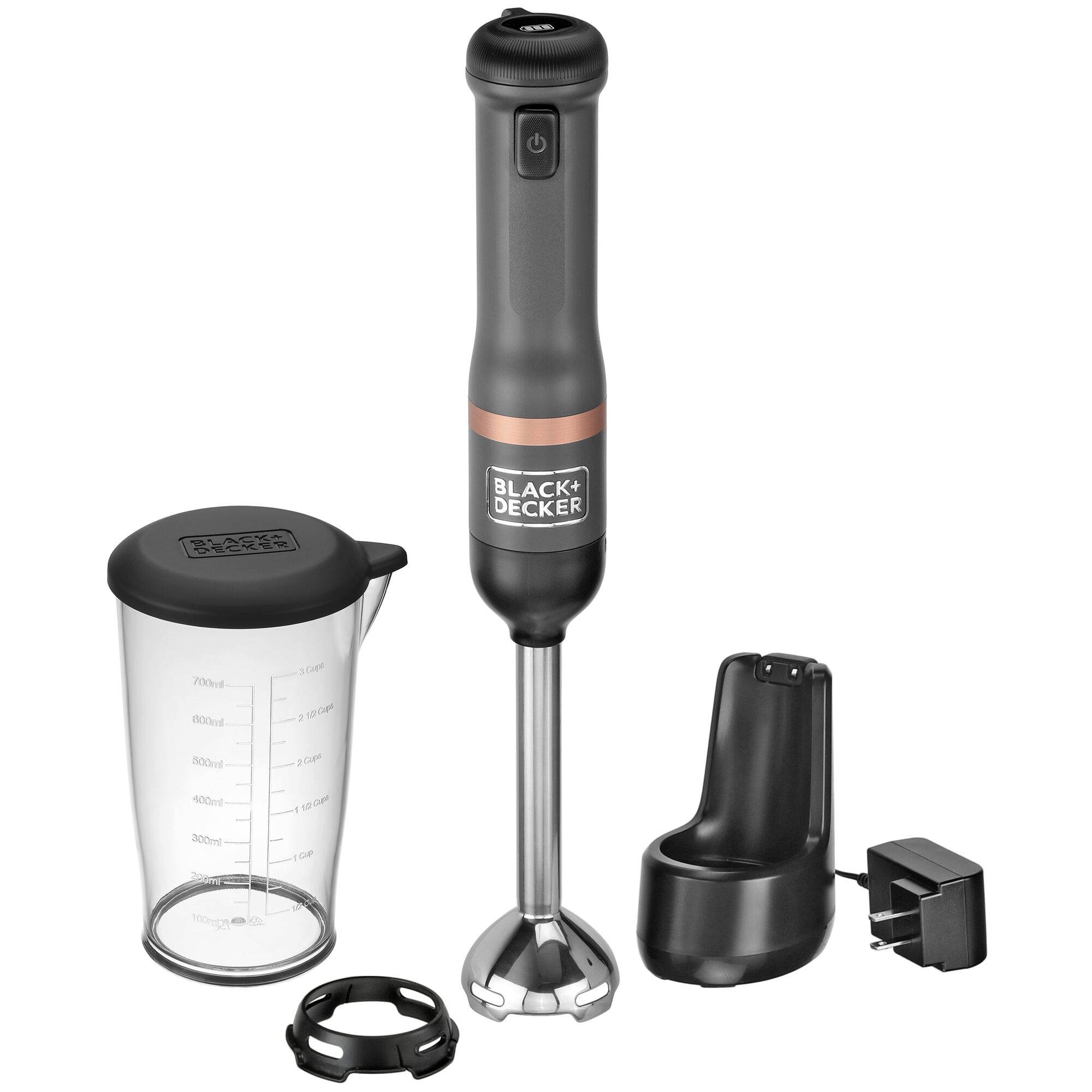 Front view of BLACK+DECKER kitchen wand Cordless Immersion Blender kit in grey