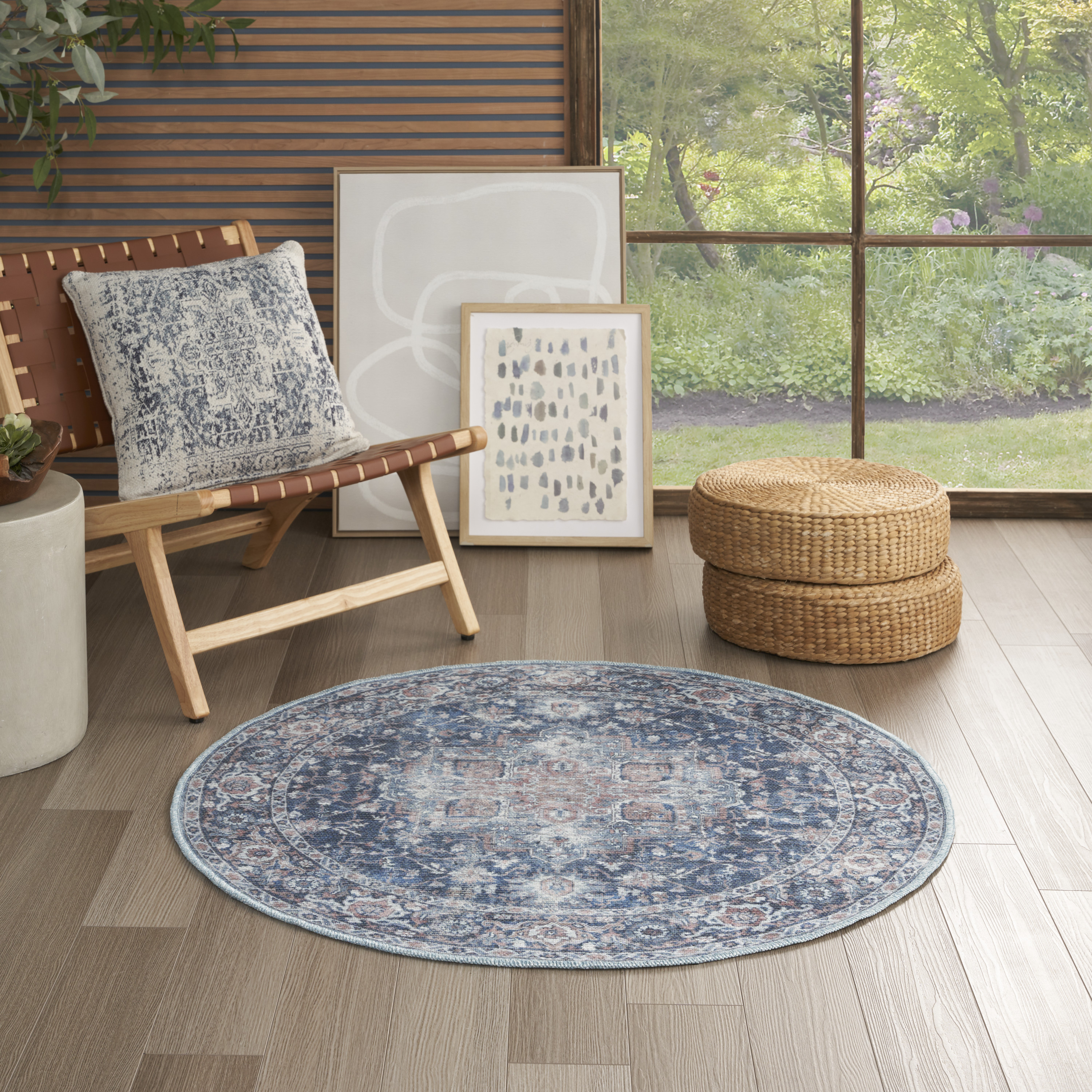 Nourison New Concept Washables 4' x Round Ivory Navy Vintage Indoor Rug