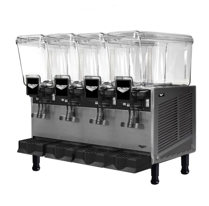 Refrigerated beverage dispenser with four 3.17-gallon bowls and fountain spray circulation