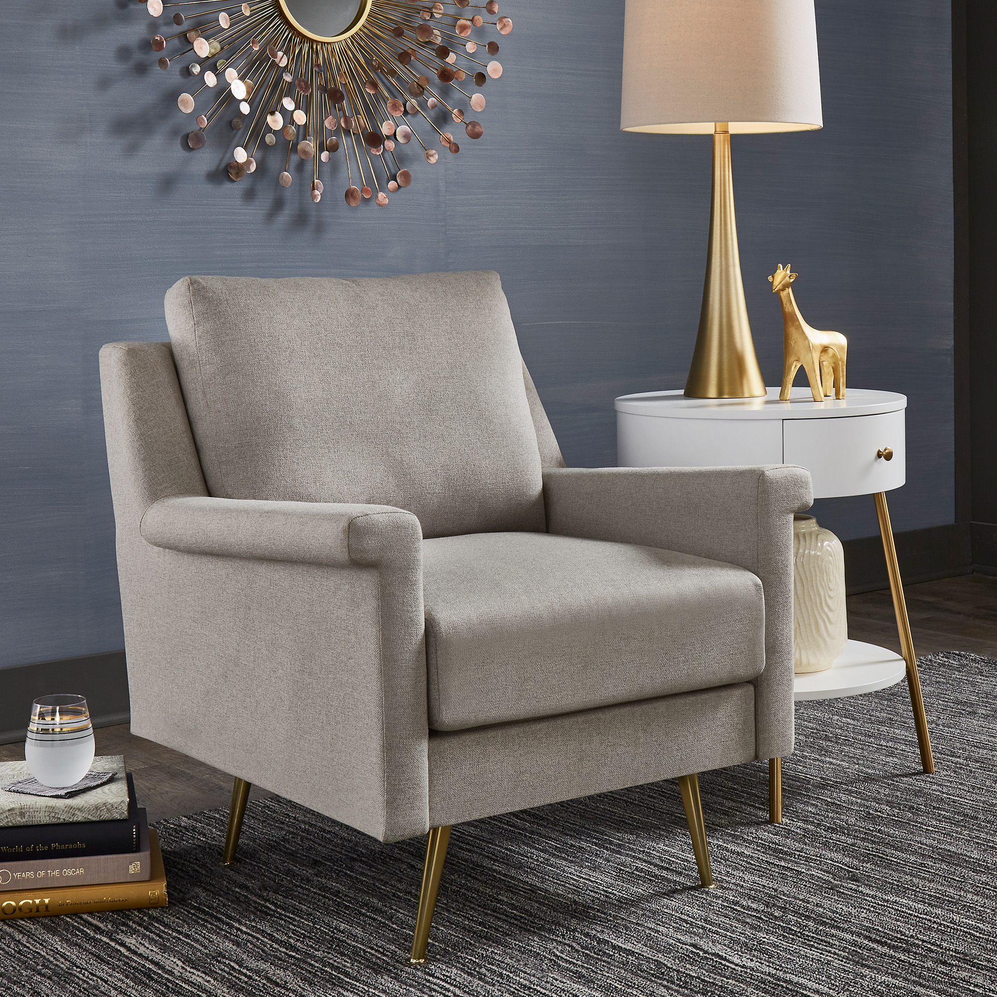 Grey Fabric Accent Chair with Gold Metal Legs