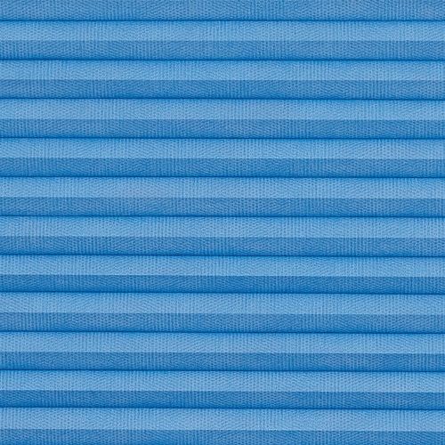 Pleated blue fabric blinds, closed with evenly spaced horizontal folds and textured weave; blocking and softly filtering light; close-up interior view with no visible window or outside scene.