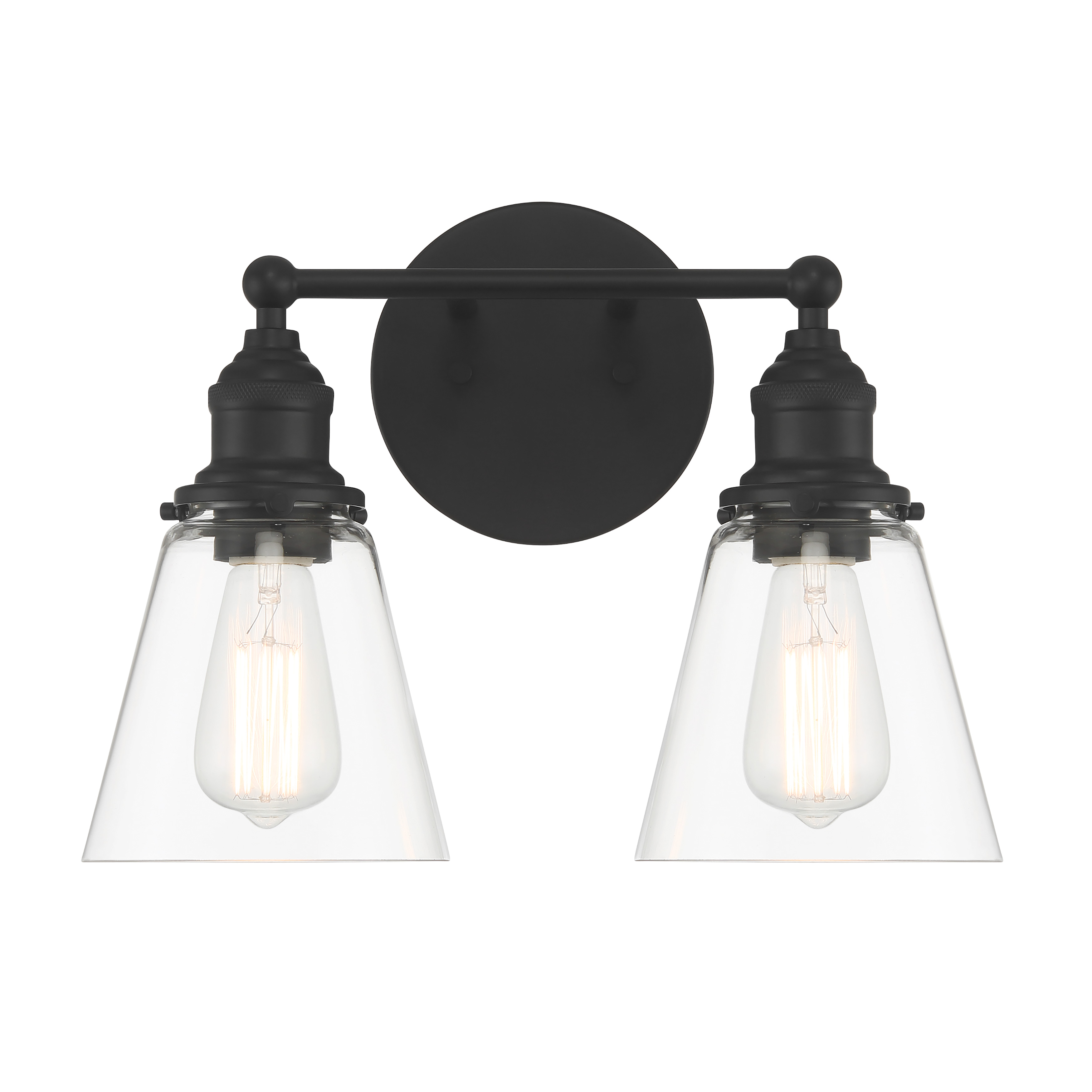 The Barwell vanity light combines traditional styling with a bold coal black finish and clear glass shades. Perfect for bathrooms seeking a classic look with modern edge, this compact fixture provides ample task lighting. - alternate view