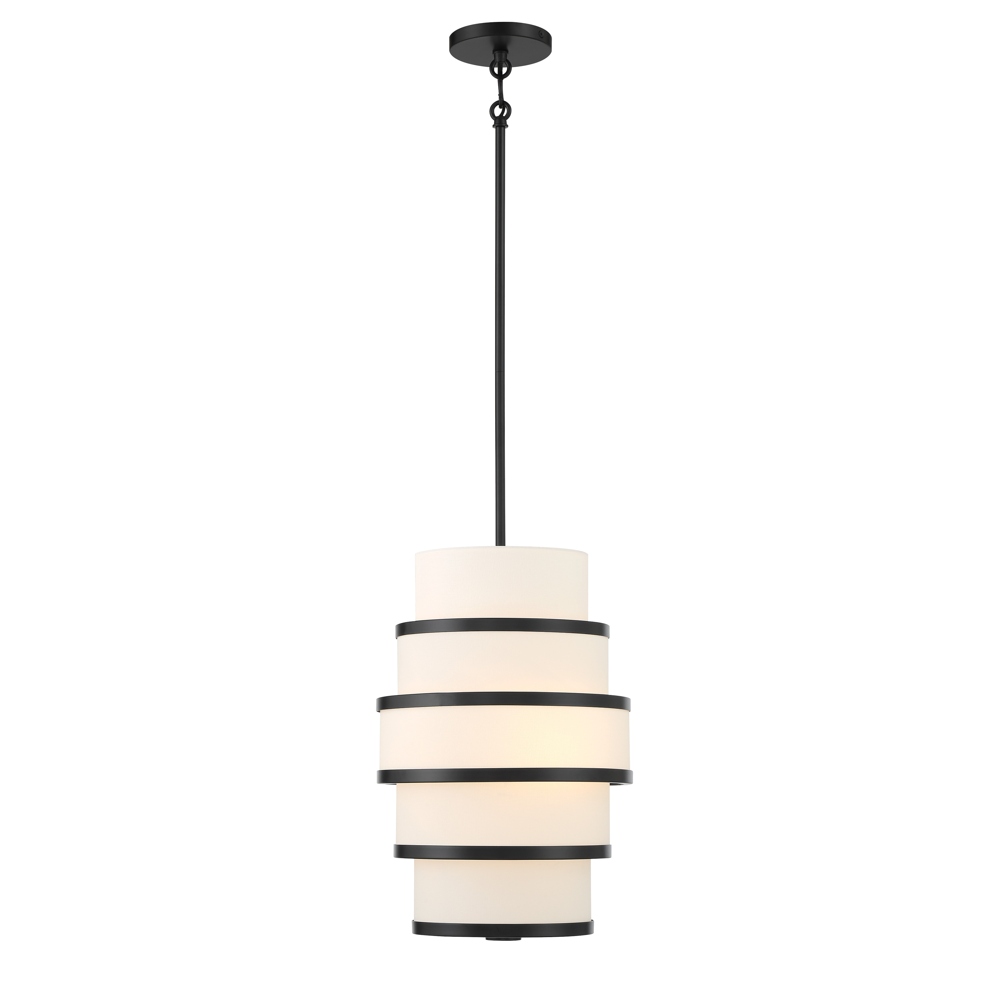 The Cascade pendant combines sleek coal black steel with soft white linen shades for a sophisticated modern look. Its compact 12-inch profile makes it ideal for smaller spaces while the 3-light configuration provides ample illumination. - alternate view