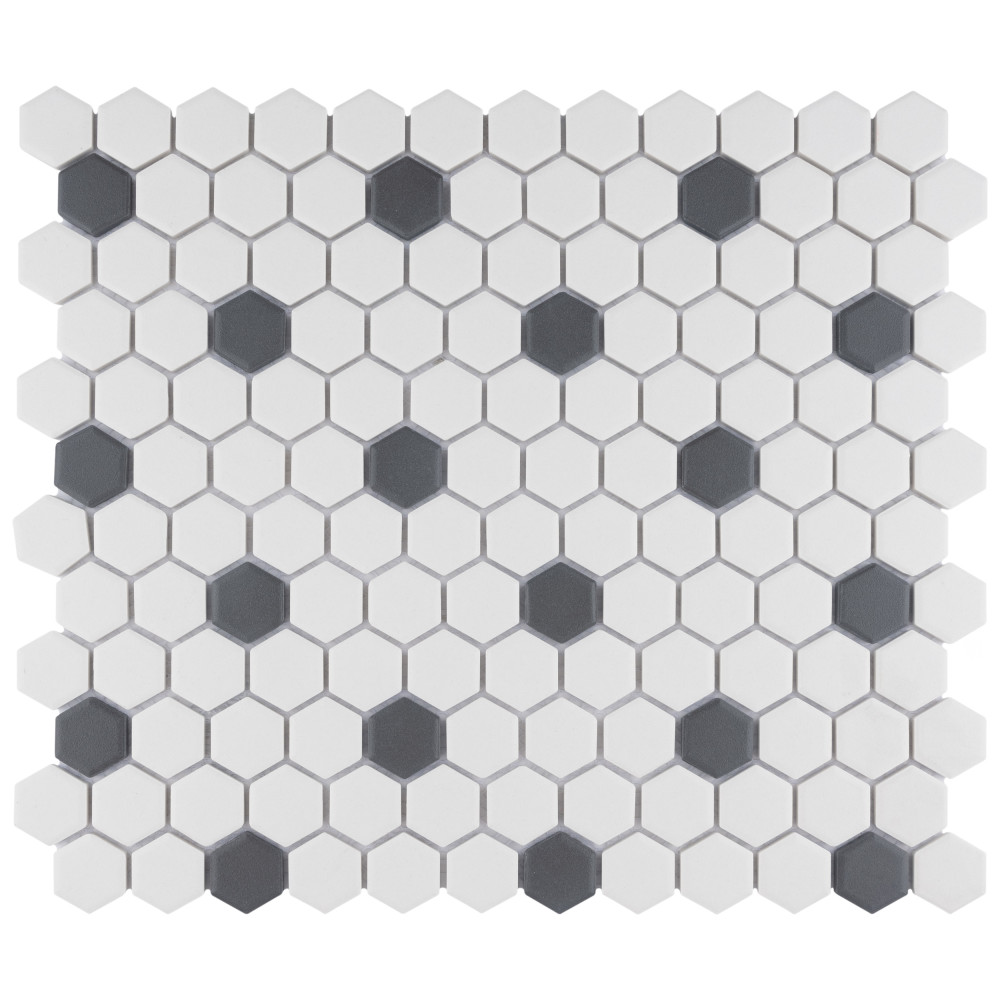 Gotham 1″ Hex White w/ Black Dot 10-1/4 in. x 11-7/8 in. Porcelain Mosaic Tile