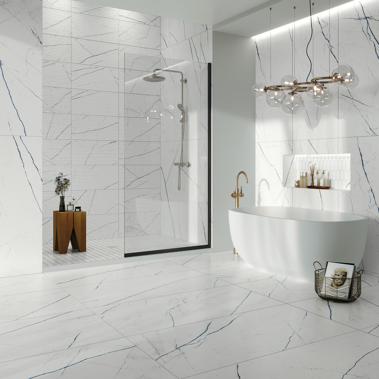 Beyond Calacatta Ocean White 24x48, 12x24 3D Etch, Picket Mosaic and 2x2 Mosaic