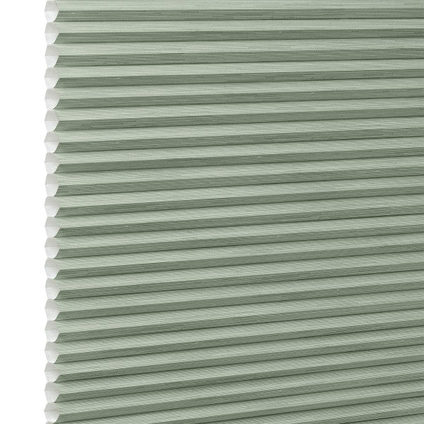 Honeycomb cellular blind with horizontal pleats and white cell edges — fully lowered and closed — pale sage-green fabric, close-up interior view, evenly lit and diffusing incoming light.