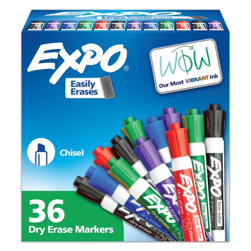 Low Odor Dry Erase Markers, Chisel Tip, Assorted, 36 Count