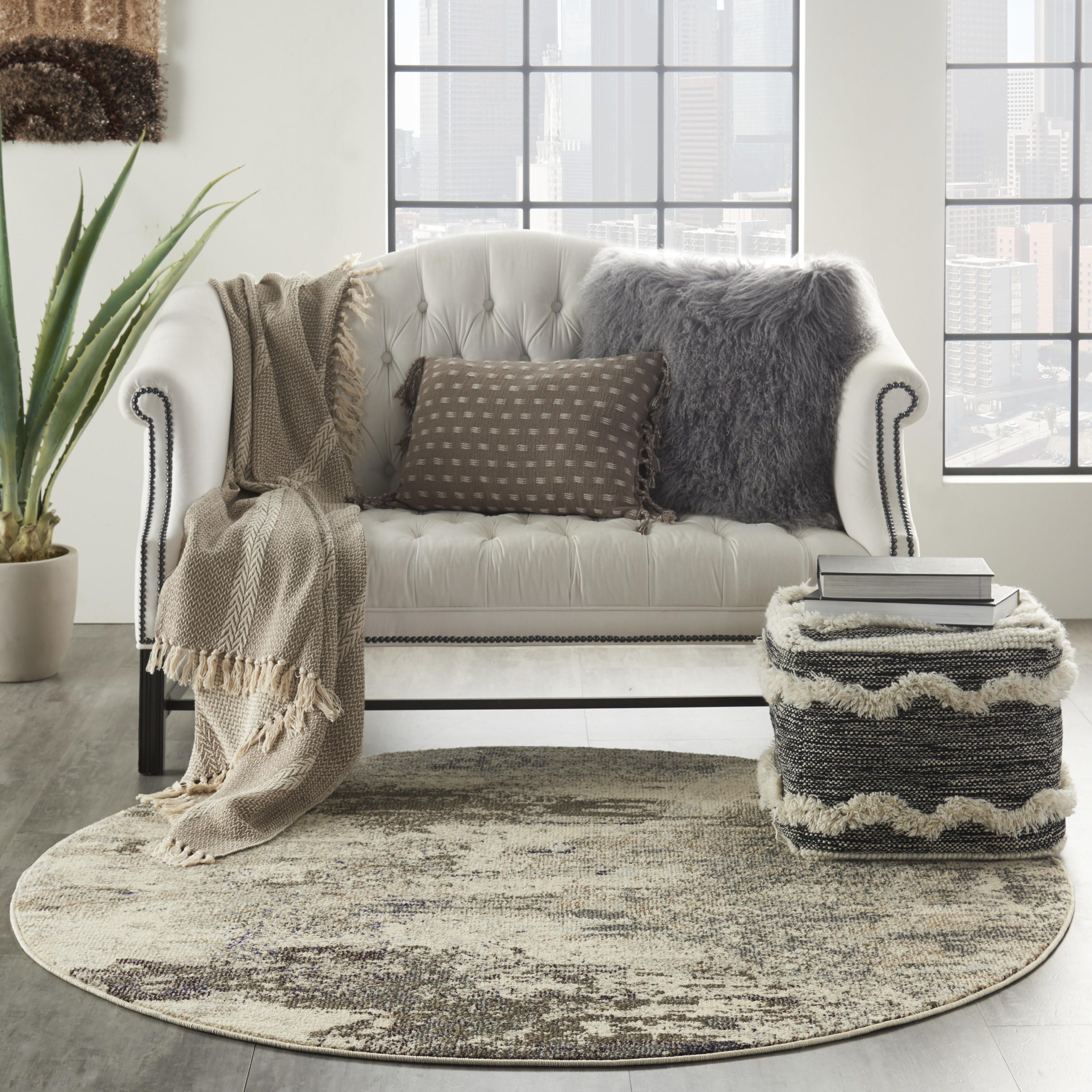 Nourison Celestial 7’10” x Round Ivory Grey Modern Indoor Rug