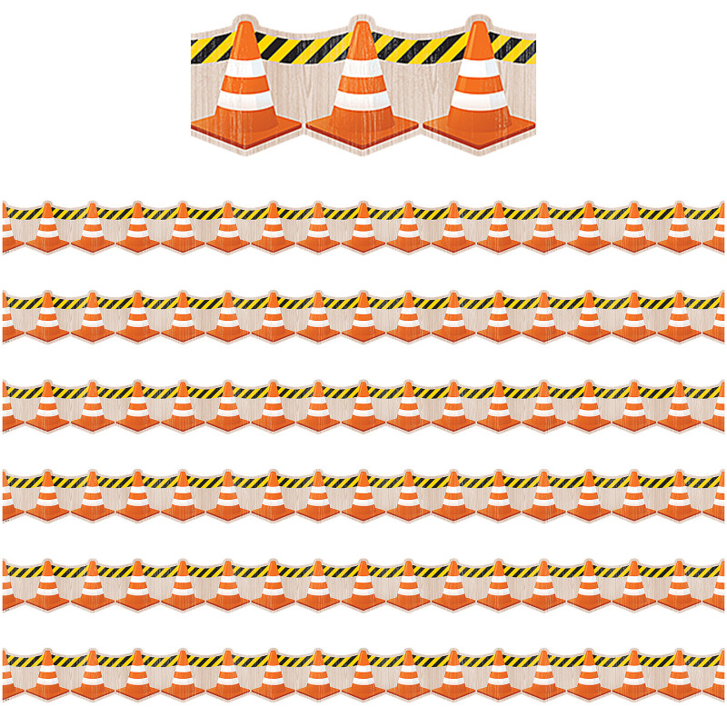 Under Construction Cones Die-Cut Border Trim, 35 Feet Per Pack, 6 Packs