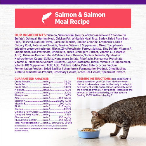 <p>Salmon, Salmon Meal (source of Glucosamine and Chondroitin Sulfate), Oatmeal, Herring Meal, Chicken Fat, Whitefish Meal, Rice, Barley, Dried Plain Beet Pulp, Flaxseed, Natural Flavor, Calcium Chloride, Choline Chloride, Cranberries, Dried Chicory Root, Potassium Chloride, Taurine, Vitamin E Supplement, Mixed Tocopherols added to preserve freshness, Niacin, Zinc Proteinate, Ferrous Sulfate, Zinc Sulfate, Vitamin A Supplement, Iron Proteinate, Dried Kelp, Yucca Schidigera Extract, Vitamin C (Ascorbic Acid), Thiamine Mononitrate, d-Calcium Pantothenate, Sodium Selenite, Pyridoxine Hydrochloride, Copper Sulfate, Manganese Sulfate, Riboflavin, Manganese Proteinate, Vitamin K (Menadione Sodium Bisulfite), Copper Proteinate, Biotin, Vitamin D3 Supplement, Vitamin B12 Supplement, Folic Acid, Calcium Iodate, Dried Enterococcus faecium Fermentation Product, Dried Bacillus licheniformis Fermentation Product, Dried Bacillus subtilis Fermentation Product, Rosemary Extract, Green Tea Extract, Spearmint Extract.<br />
This is a naturally preserved product									</p>
