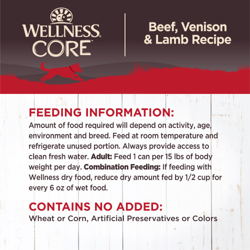 <p>Amount of food required will depend on activity, age, environment and breed. Feed at room temperature and refrigerate unused portion. Always provide access to clean fresh water. 									</p>
<p>Adult: Feed 1 can per 15 lbs of body weight per day<br />
Combination Feeding: If feeding with Wellness dry food, reduce dry amount fed by 1/2 cup for every 6 oz of wet food.</p>
