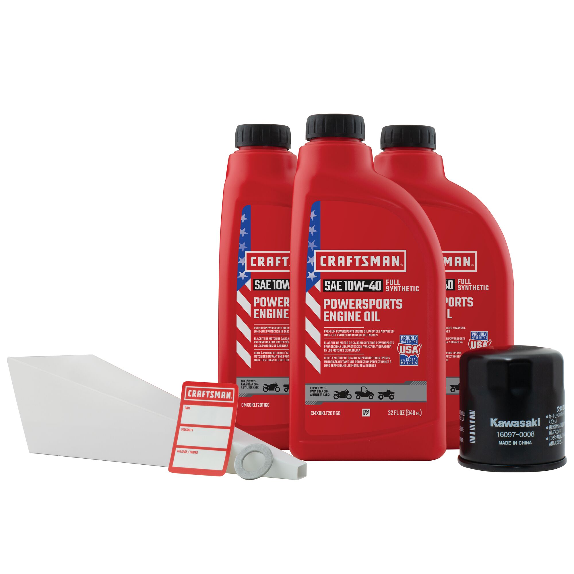 Oil change kit with oil filter, change sticker and oil funnel