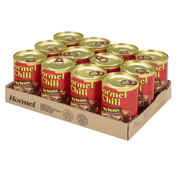 HORMEL(r) Chili No Beans, 12/15oz. . C1RM - Front Right Open Case (Hi Res)