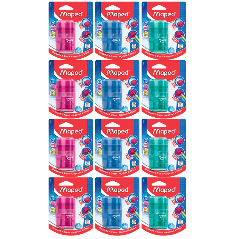 Connect DUO 2 Hole Sharpener / Eraser Combo, Assorted Colors, Pack of 12