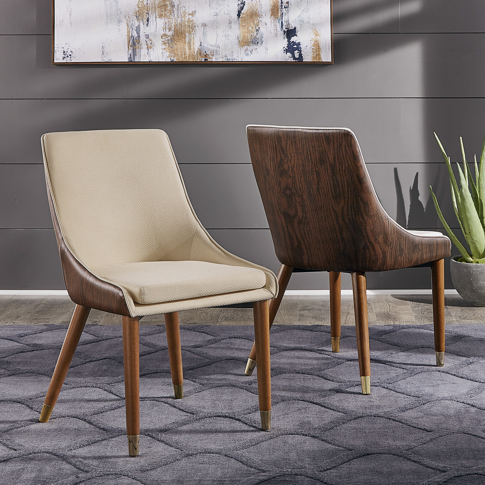 Two-Tone Fabric Upholstered Dining Chairs with Faux Leather Chair Back (Set of 2)
