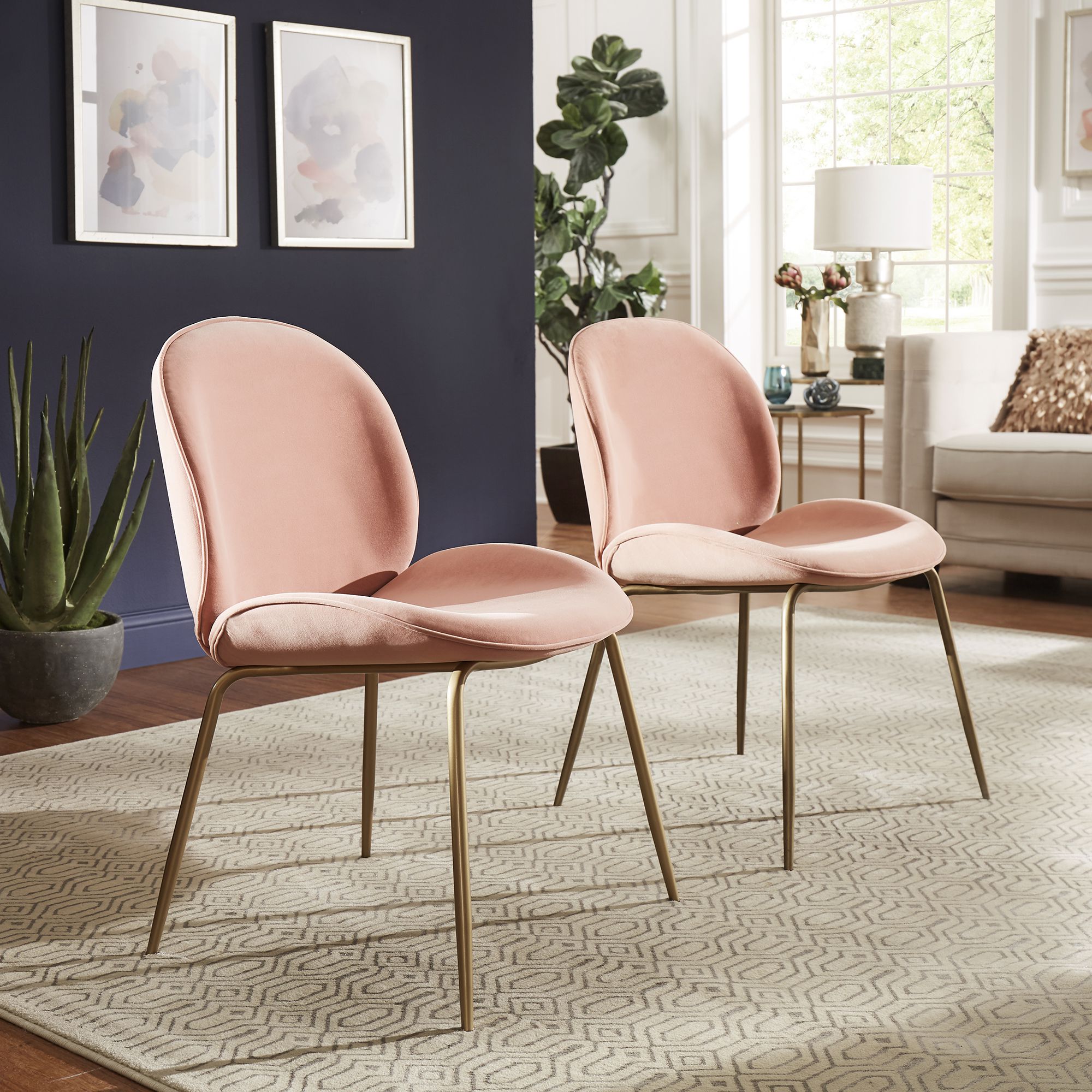 Velvet Upholstered Gold Finish Dining Chairs (Set of 2)
