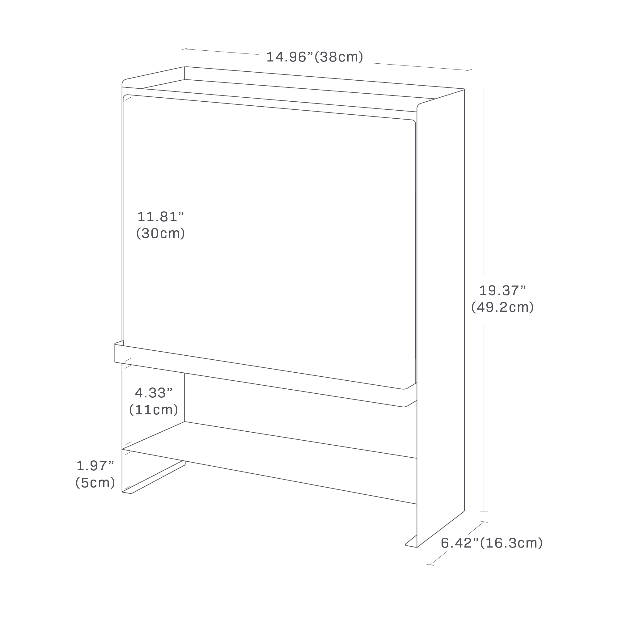 The image shows a concealable spice rack with dimensions: height is 19.37", width is 14.96", and depth is 6.42". The interior shelf is 7" wide and 11.81" high. Bottom sections measure 4.33" and 1.97" in height.
