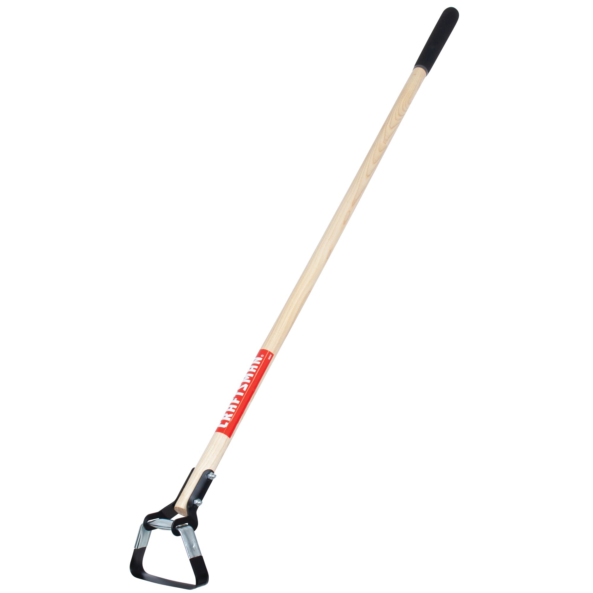 Right profile of wood handle weeding hoe.