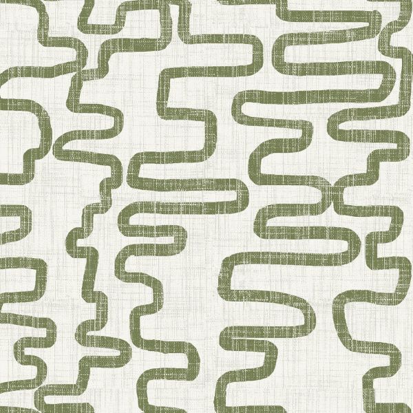 Textured white wallpaper with olive-green, thick meandering bands (object) — printed in repeating, connected rows across the surface (action) — subtle linen-like grain, neutral lighting, no furnishings (context).