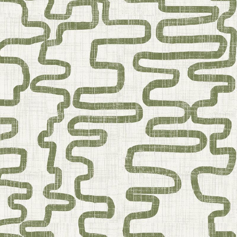 Textured white wallpaper with olive-green, thick meandering bands (object) — printed in repeating, connected rows across the surface (action) — subtle linen-like grain, neutral lighting, no furnishings (context).