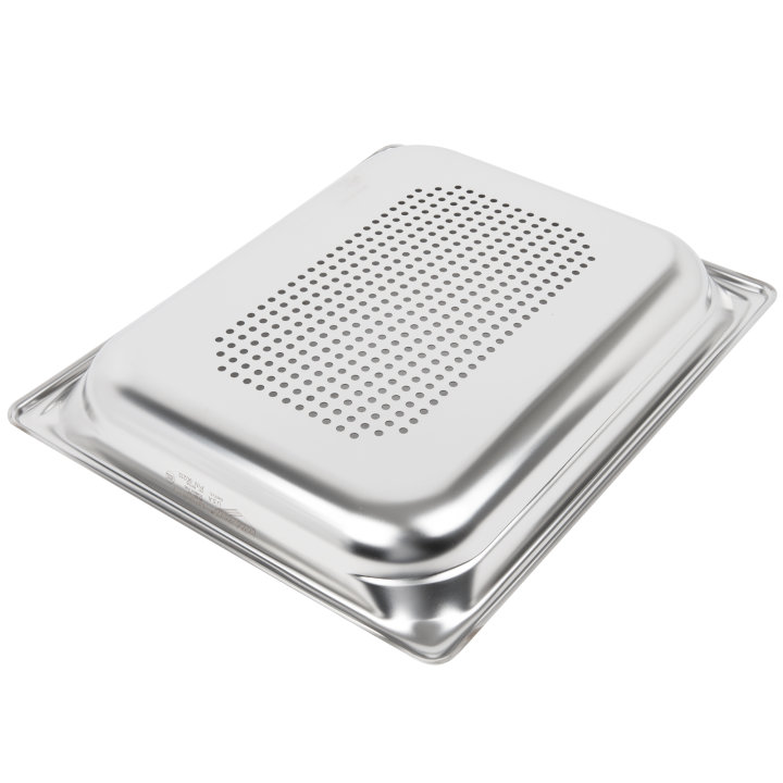 Half-size 1 ½-inch-deep Super Pan 3® perforated stainless steel steam table pan