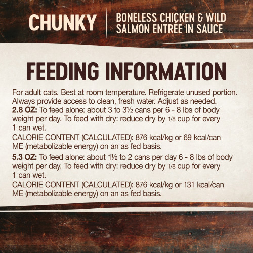 <p>For adult cats. Best at room temperature. Refrigerate unused portion. Always provide access to clean, fresh water.  Adjust as needed. To feed alone: about 3 to 3½ cans per 6 – 8 lbs of body weight per day. To feed with dry: reduce dry by ⅛ cup for every 1 can wet.</p>
