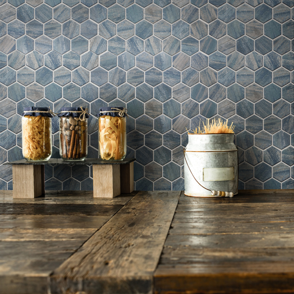 Sample – Cassis 2″ Hex Blue Porcelain Mosaic Tile