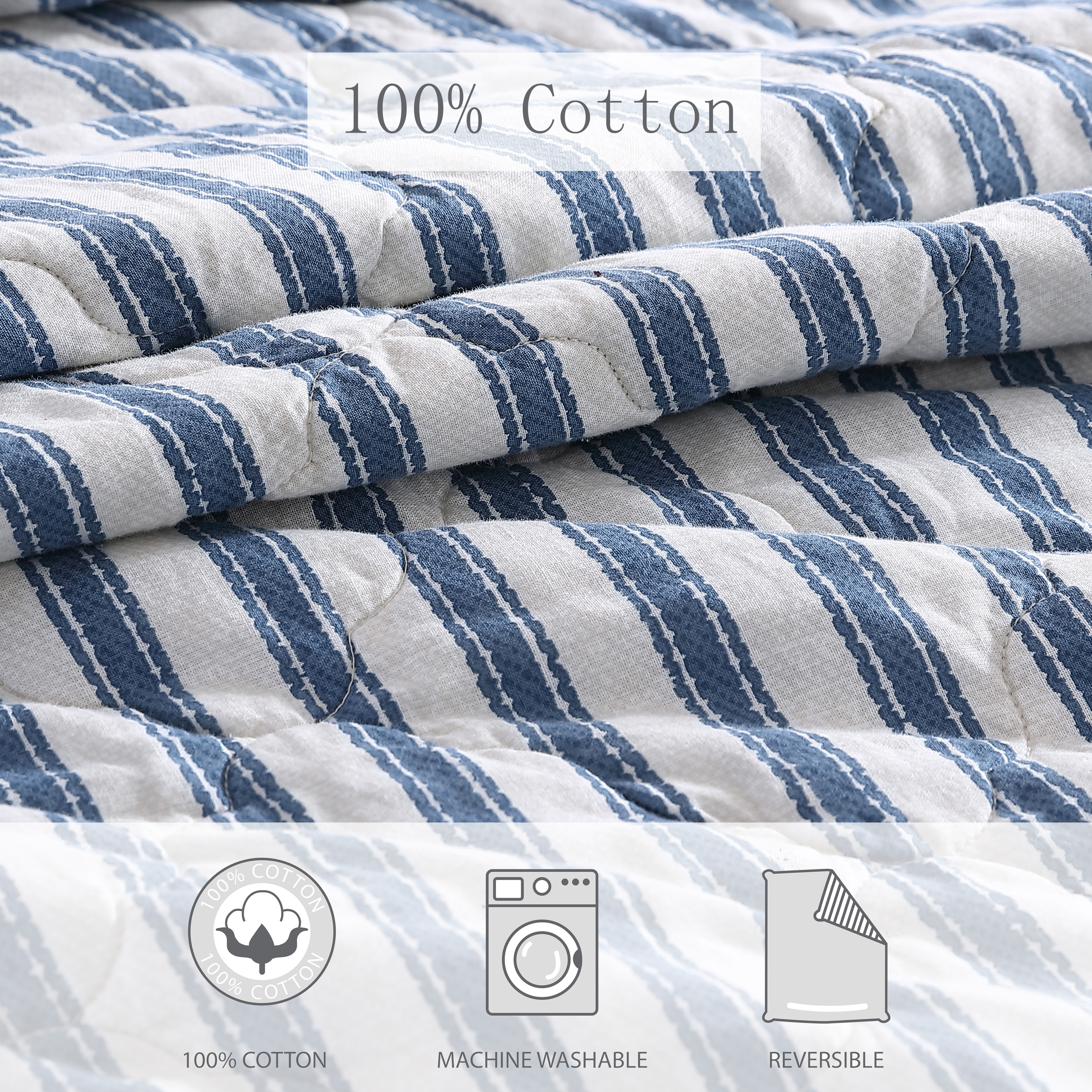 Stone Cottage Willow Way Ticking Stripe Cotton Blue 3 Piece Quilt Set-Full/Queen - Picture 12 of 17