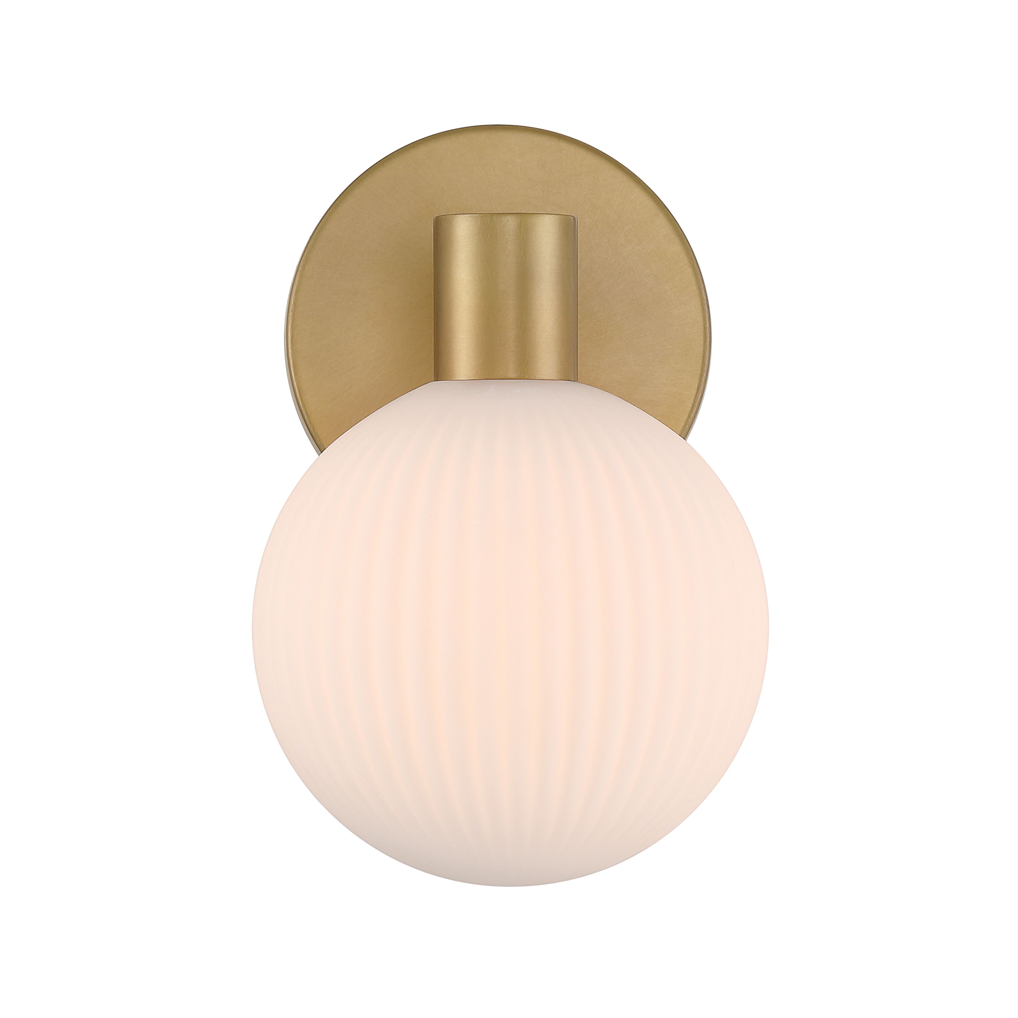 The Fenton 6" vanity light combines warm Legacy Brass finish with distinctive white striped glass for a refined, contemporary look. Its compact 6-inch width makes it ideal for powder rooms and smaller bathrooms. - alternate view