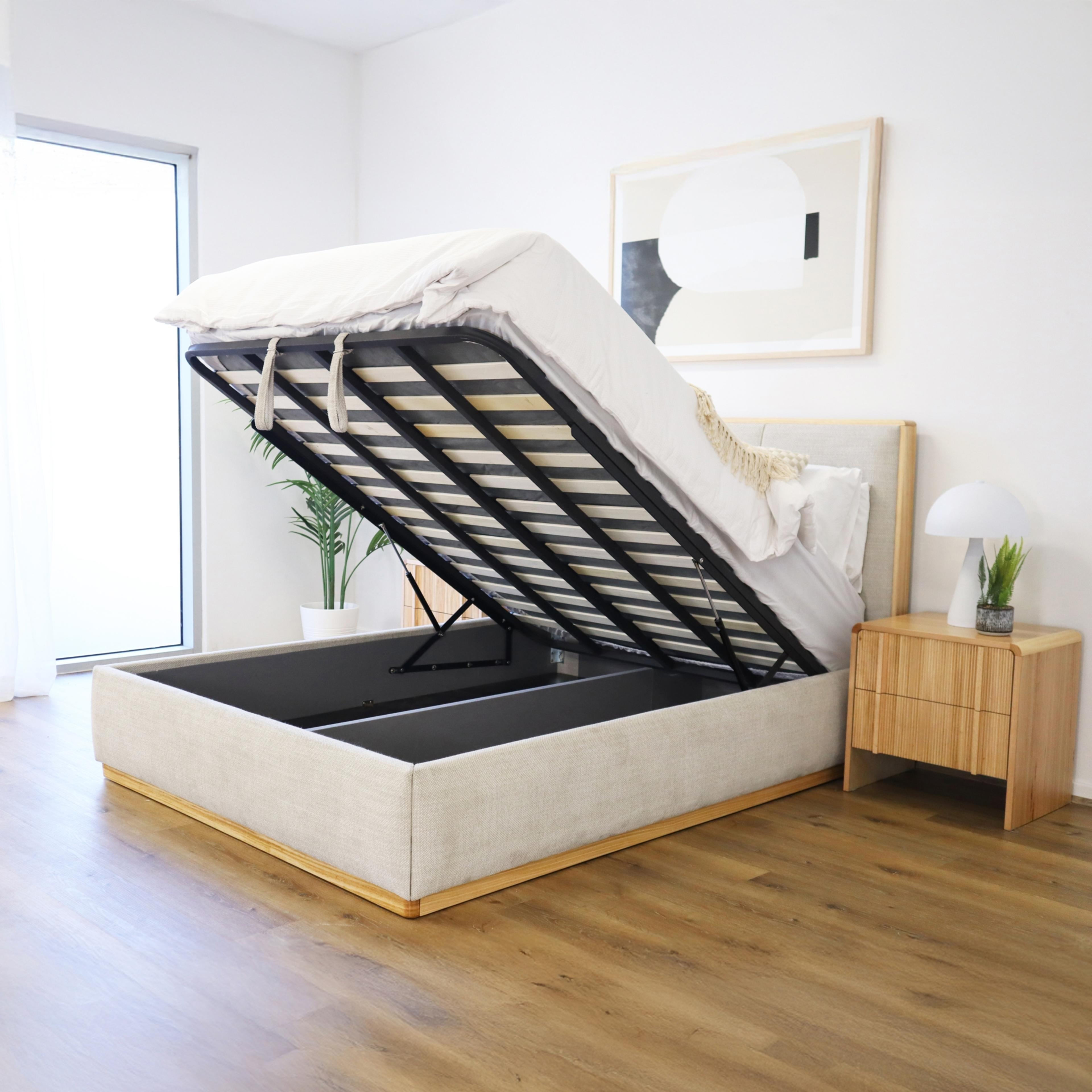 Lifestyle image of the  Bowen Bed Frame, Gas Lift Base, Natural from Forty Winks