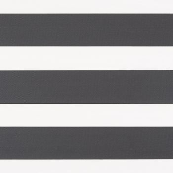 Zebra-style roller blind with wide alternating opaque dark-gray and translucent white horizontal bands, aligned flat and closed, evenly filtering light; close-up, neutral background, no visible window or room.