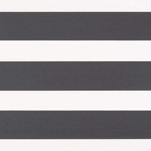 Zebra-style roller blind with wide alternating opaque dark-gray and translucent white horizontal bands, aligned flat and closed, evenly filtering light; close-up, neutral background, no visible window or room.