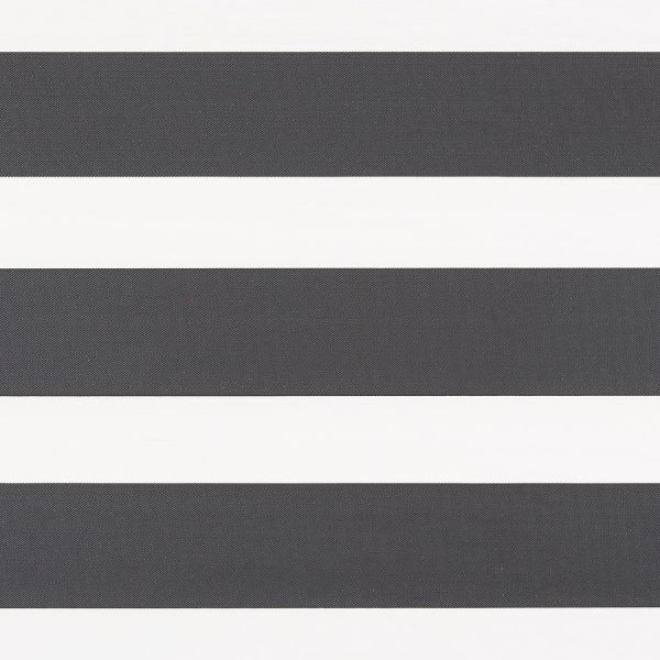 Zebra-style roller blind with wide alternating opaque dark-gray and translucent white horizontal bands, aligned flat and closed, evenly filtering light; close-up, neutral background, no visible window or room.