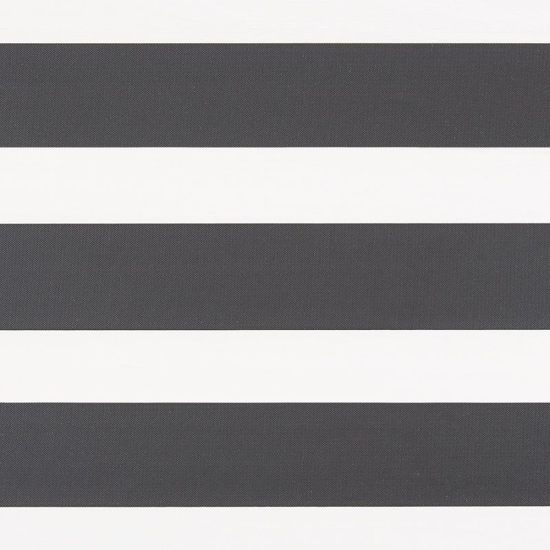 Zebra-style roller blind with wide alternating opaque dark-gray and translucent white horizontal bands, aligned flat and closed, evenly filtering light; close-up, neutral background, no visible window or room.