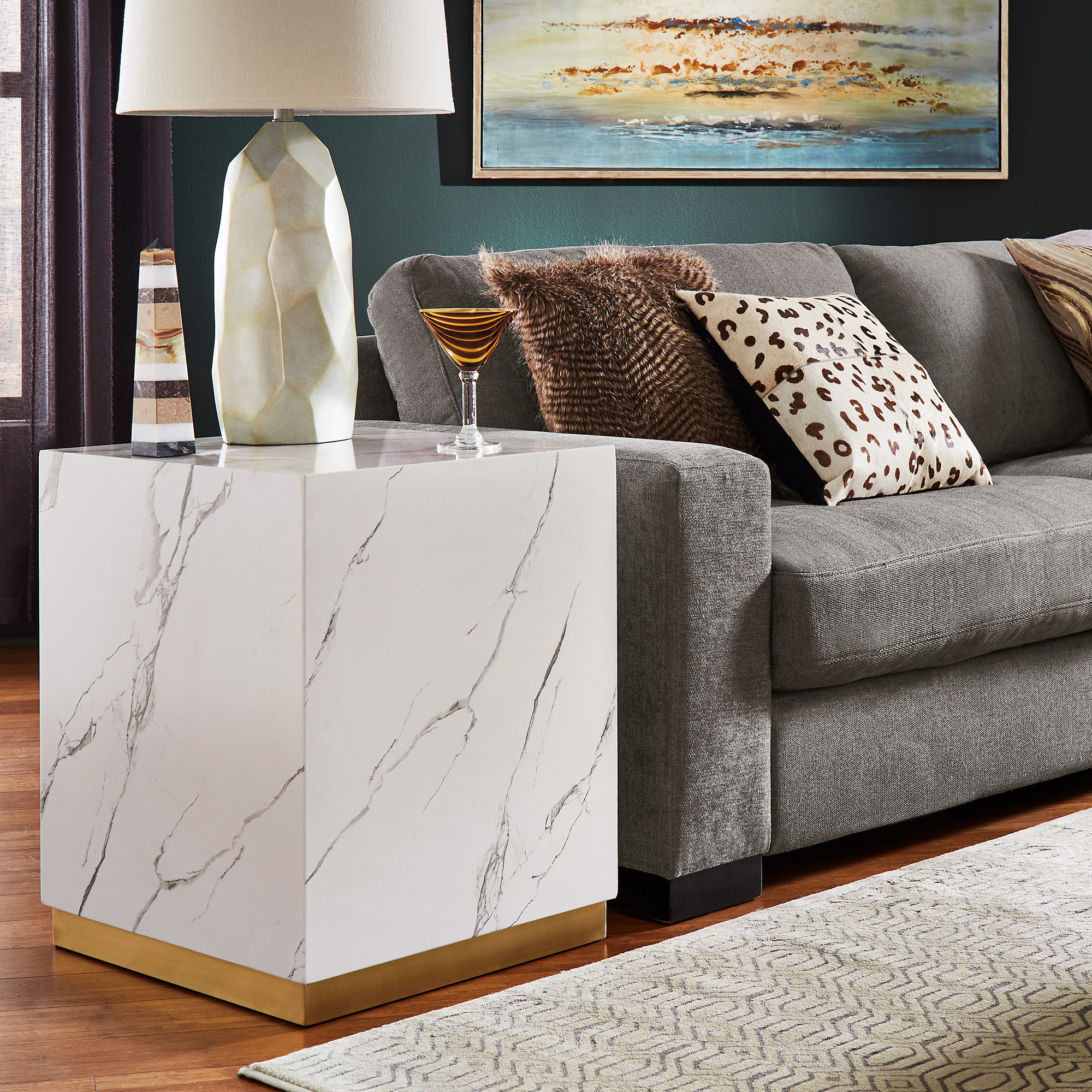 Faux Marble End Table with Casters