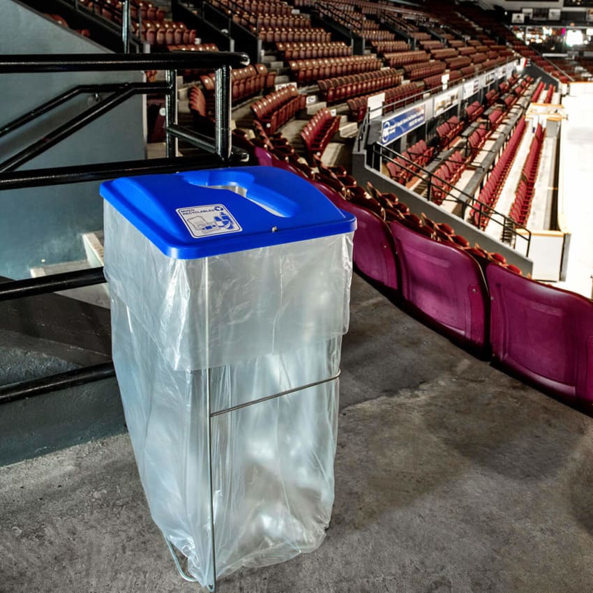 event bin for collection mixed recycling with a blue plastic lid in a hockey arena