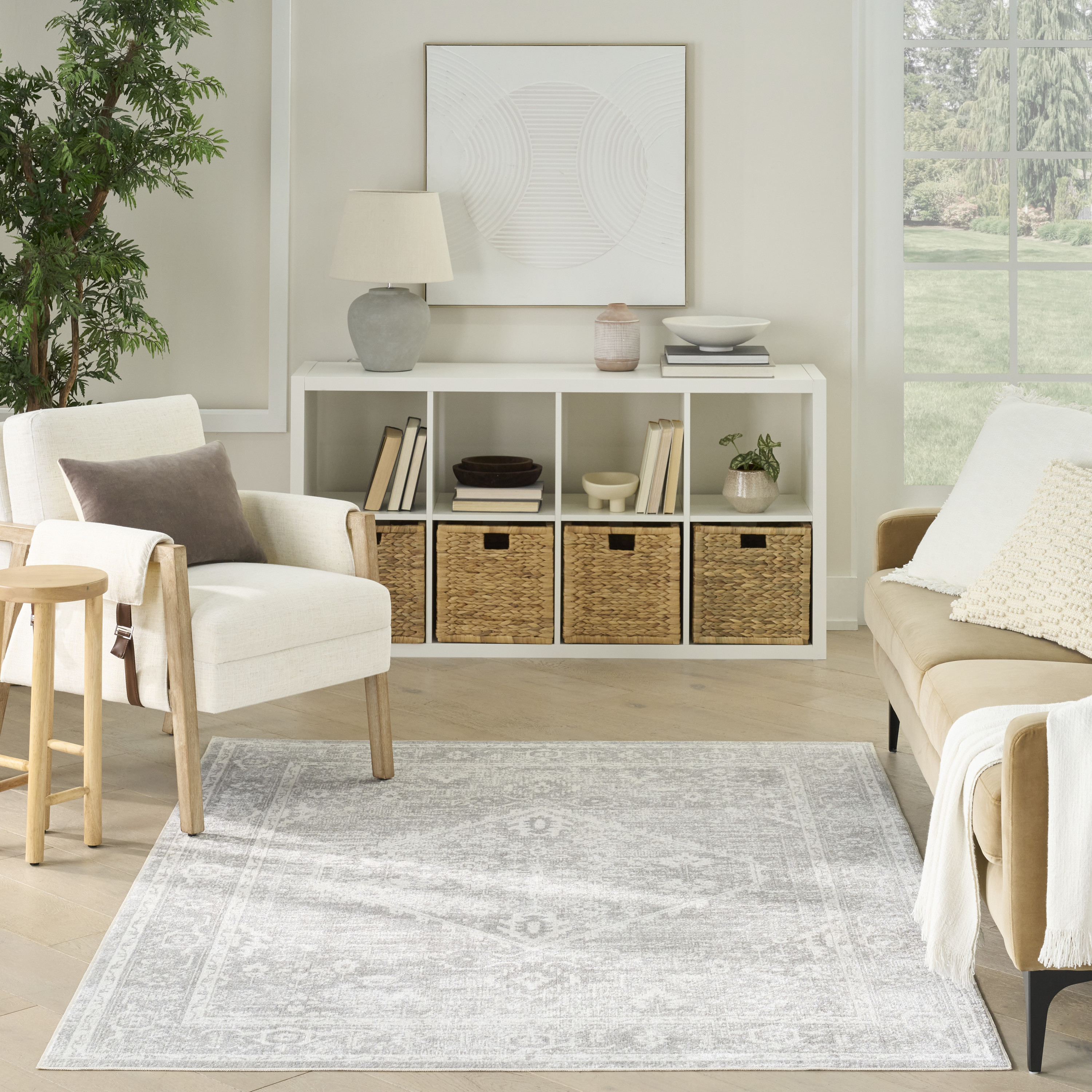Nourison Astra Machine Washable 4' x 6' Light Grey Vintage Indoor Rug