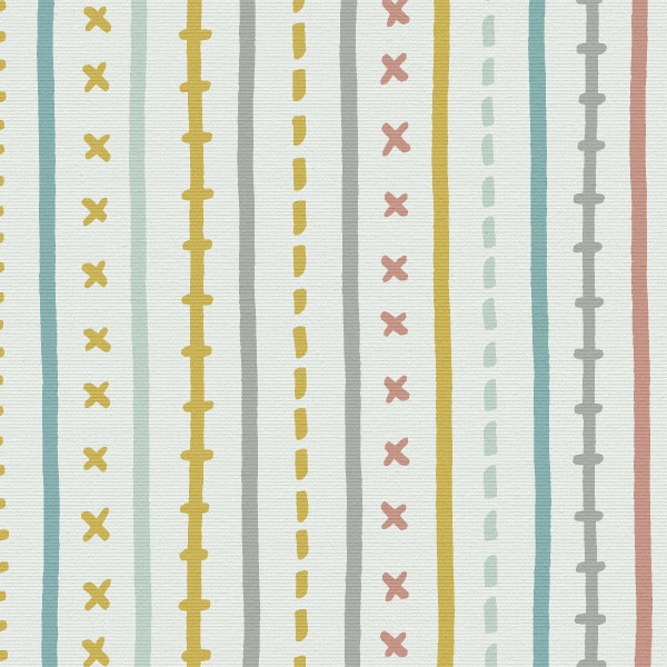 Vertical stitched-style lines run down a textured pale background, alternating dashed, cross, and ladder motifs in mustard, teal, gray, and coral, resembling patterned fabric or wallpaper.
