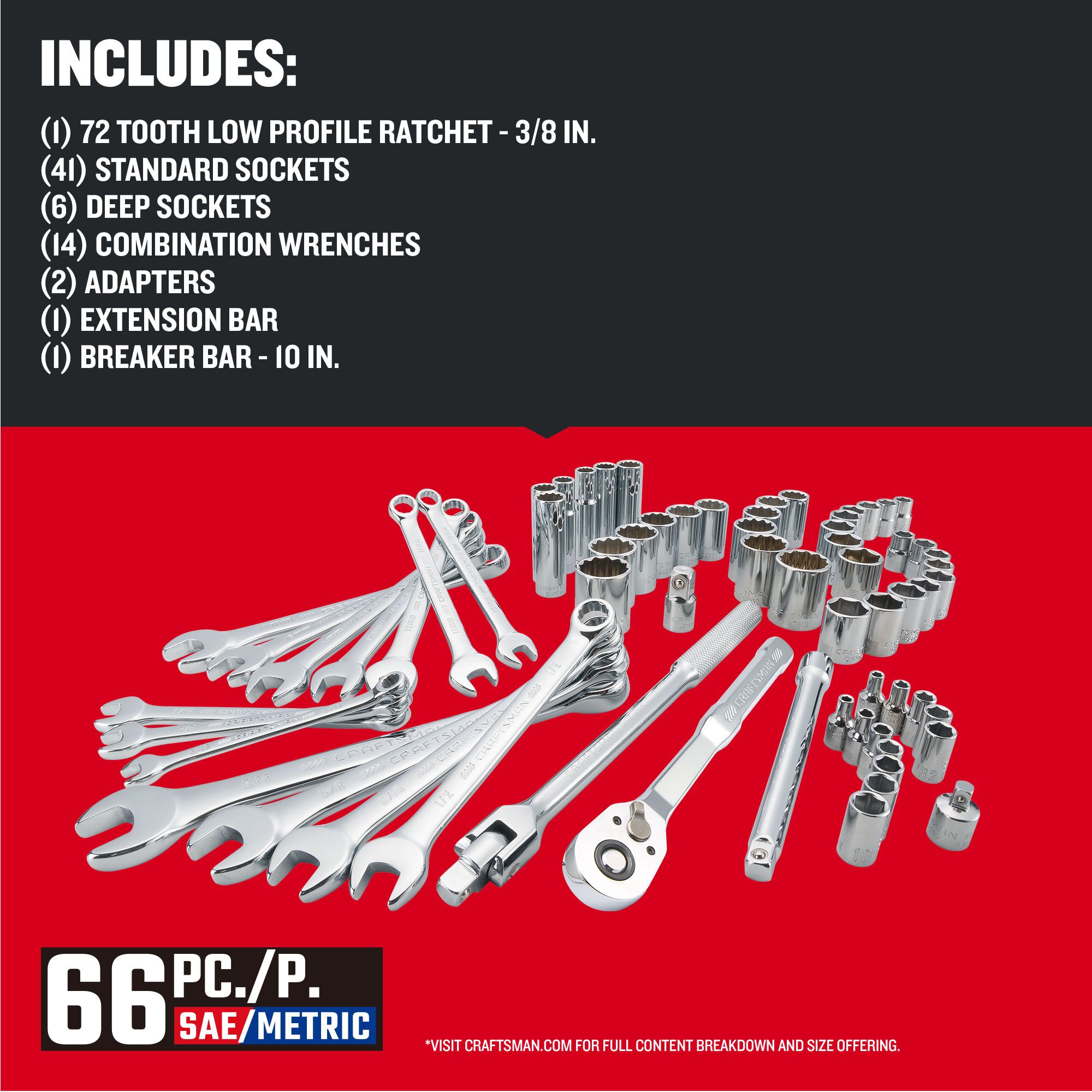 CRAFTSMAN Low Profile 66 piece 3/8 inch drive MOBILE MECHANICS TOOL SET with contents list