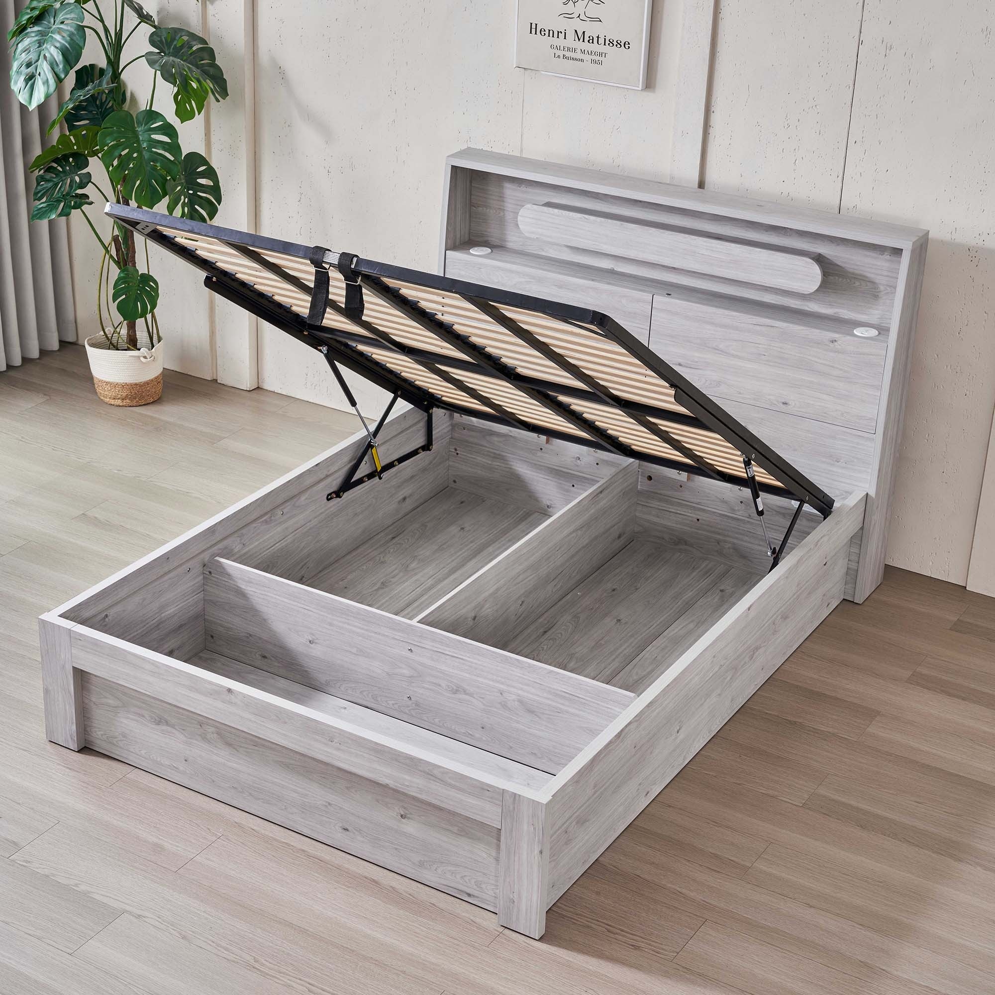 Lifestyle image of the  Nova Bed Frame, Front Slat Gas Lift Base, Stone Oak from Forty Winks