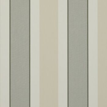 Vertical striped wallpaper, alternating wide beige and gray bands with narrow off-white and thin dark-green lines; repeating pattern shown as a close-up on a flat interior wall under neutral light.