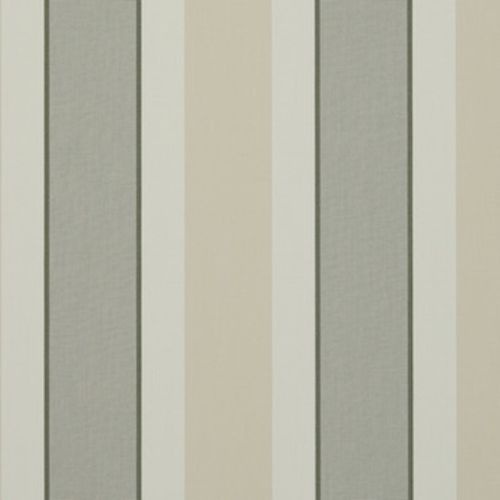 Vertical striped wallpaper, alternating wide beige and gray bands with narrow off-white and thin dark-green lines; repeating pattern shown as a close-up on a flat interior wall under neutral light.