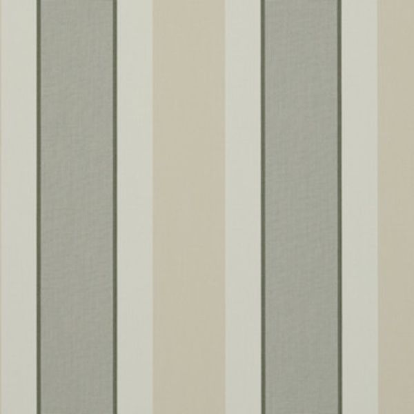 Vertical striped wallpaper, alternating wide beige and gray bands with narrow off-white and thin dark-green lines; repeating pattern shown as a close-up on a flat interior wall under neutral light.