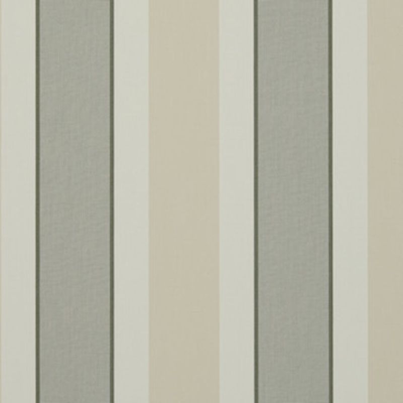 Vertical striped wallpaper, alternating wide beige and gray bands with narrow off-white and thin dark-green lines; repeating pattern shown as a close-up on a flat interior wall under neutral light.