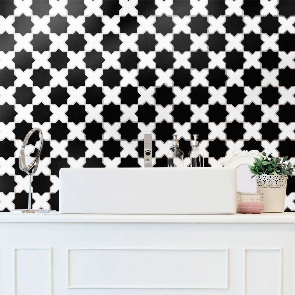 Sample – Metro 2″ Star Matte Black with Matte White Cross Porcelain Mosaic Tile