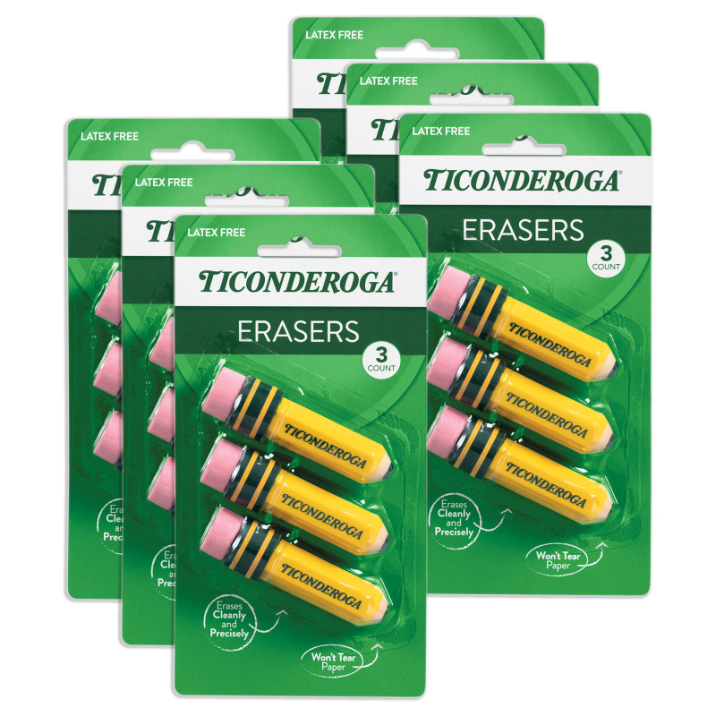 Erasers, Pencil Shaped, Yellow, 3 Per Pack, 6 Packs