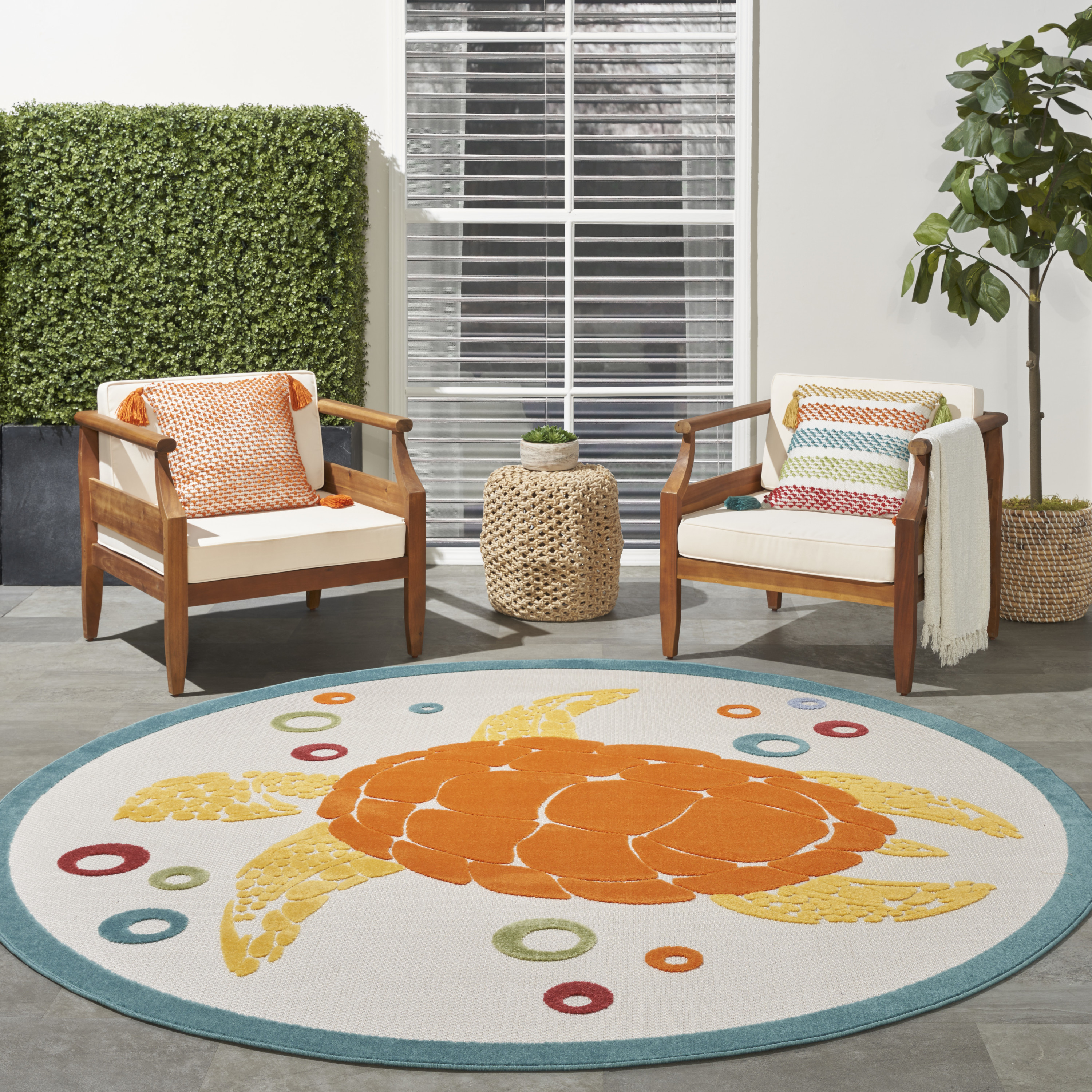 Nourison Aloha 5'3" x Round Teal Multicolor Coastal, Nautical & Beach Rug